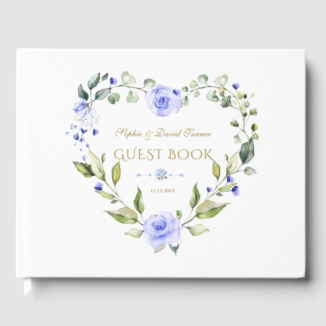 Delicate Blue Flowers Wreath Navy Blue Wedding Guest Book (Front)