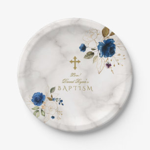 Delicate Blue Gold Flowers Gold Cross Baptism Paper Plate
