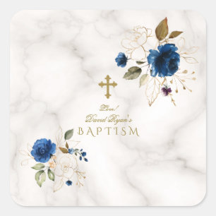 Delicate Blue Gold Flowers Gold Cross Baptism Square Sticker