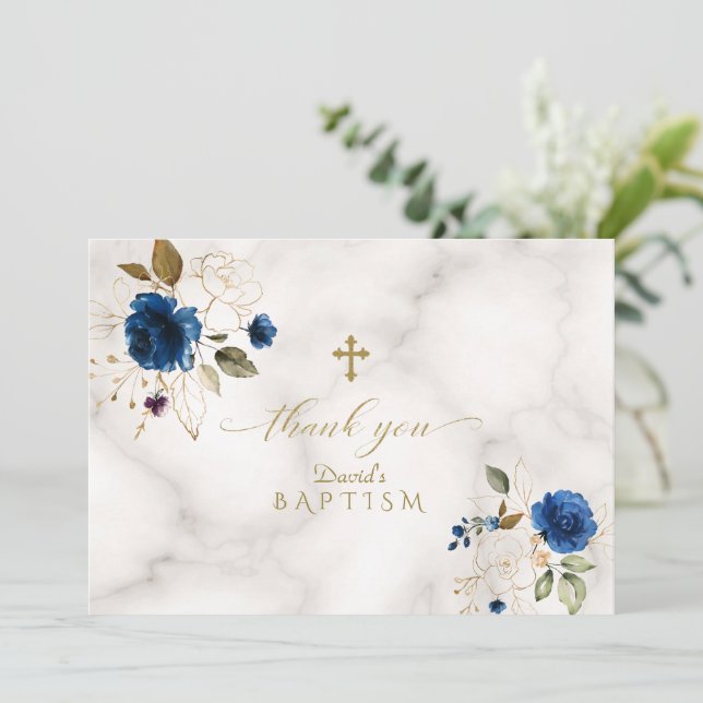 Delicate Blue Gold Flowers Gold Cross Baptism Thank You Card (Standing Front)
