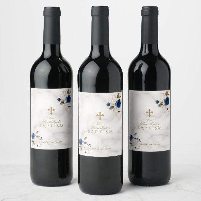 Delicate Blue Gold Flowers Gold Cross Baptism Wine Label (Bottles)