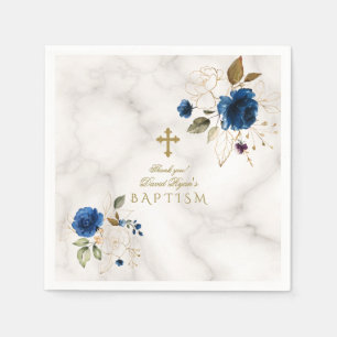 Delicate Blue Gold Flowers Gold Cross Boy Baptism Napkin