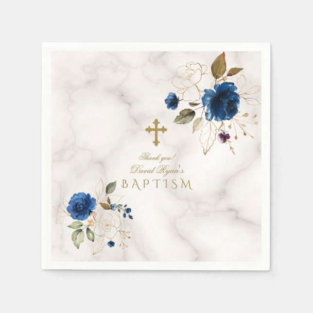Delicate Blue Gold Flowers Gold Cross Boy Baptism Napkin (Front)