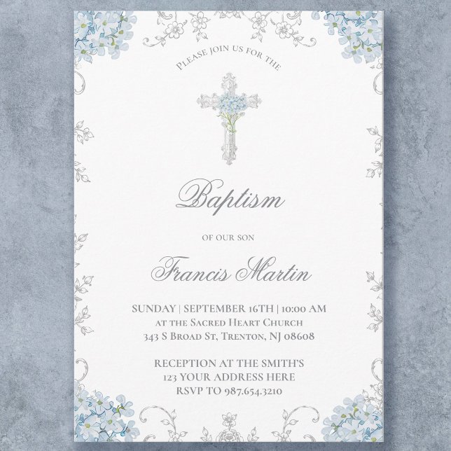delicate blue Hydrangea frame | Baptism boy Invitation (Creator Uploaded)