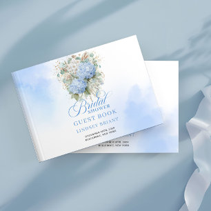Delicate blue hydrangeas eucalyptus bridal shower  guest book