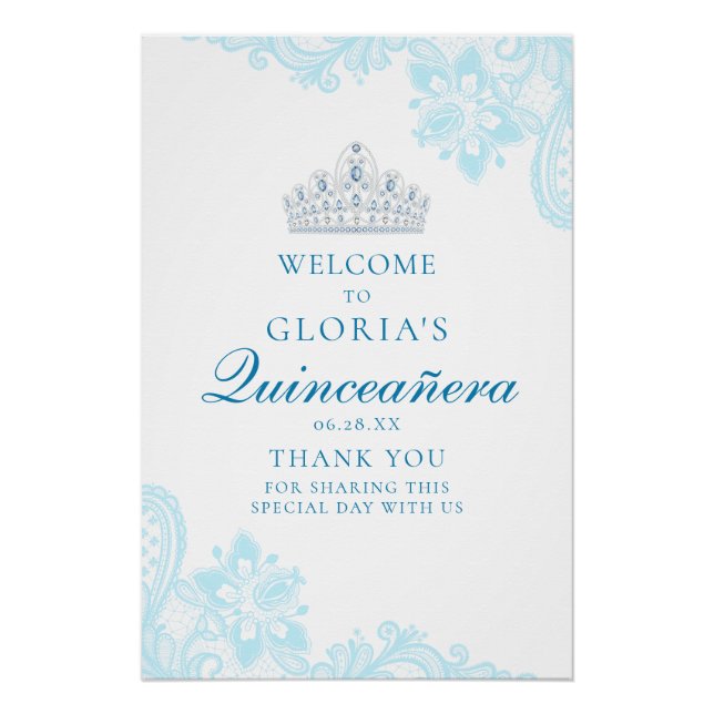 Delicate Blue Lace Quinceanera Welcome Sign (Front)