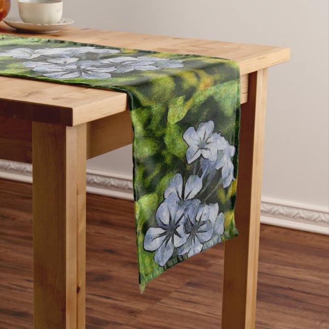 Delicate Blue Plumbago Blossom Painting Short Table Runner (In Situ)