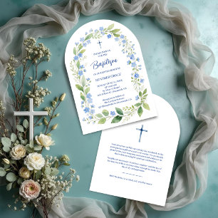 Delicate Blue Shades Floral Frame Arch Baptisme Invitation