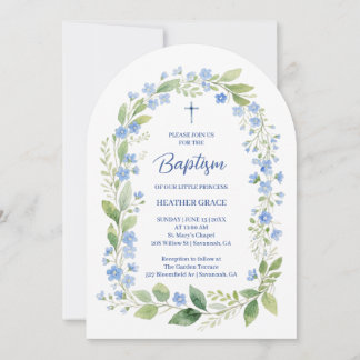Delicate Blue Shades Floral Frame Arch Baptisme Invitation