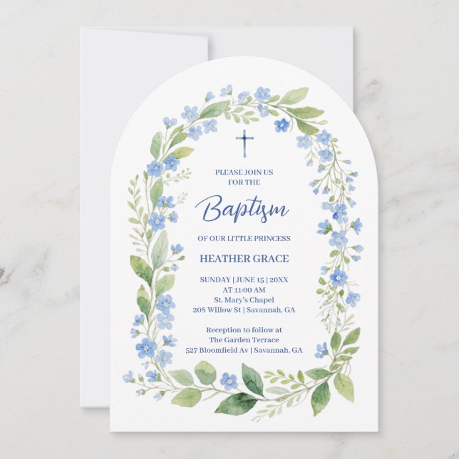 Delicate Blue Shades Floral Frame Arch Baptisme Invitation (Front)