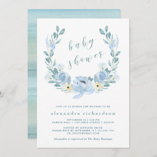 Delicate Blue   Watercolor Floral Baby Shower Invitation