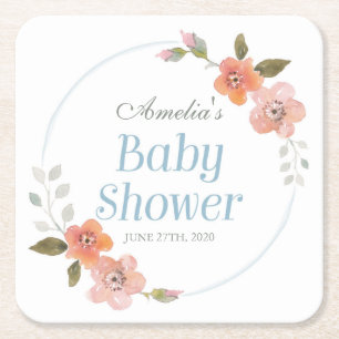 Delicate Blue Watercolor Floral Baby Shower Square Paper Coaster