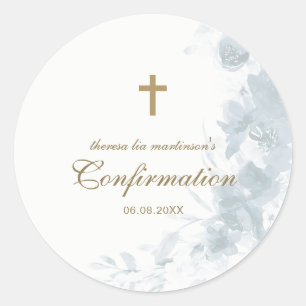 Delicate Blue Watercolor Floral Cross Confirmation Classic Round Sticker