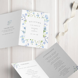 Delicate Blue Watercolor Floral Wedding Folded Programme