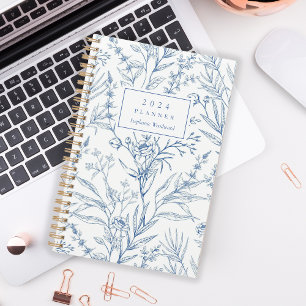 Delicate Blue White Floral Pattern Monogram 2024 Planner