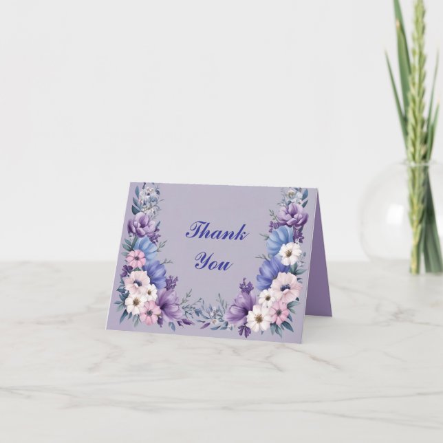 Delicate Blue, White, Pink & Purple Summer Blooms Thank You Card (Front)