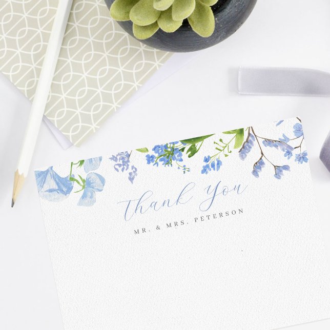 Delicate Blue Wild Flowers Script Wedding Flat Tha Thank You Card (Creator Uploaded)