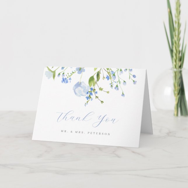 Delicate Blue Wild Flowers Script Wedding Folded T Thank You Card (Front)