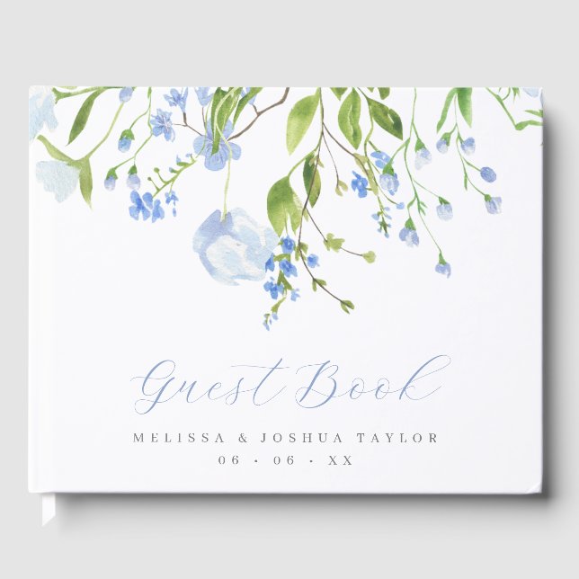 Delicate Blue Wild Flowers Script Wedding Guest Book (Front)