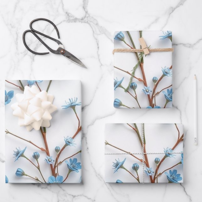 Delicate Blue Wildflowers Art Wrapping Paper Sheet (Front)