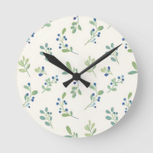 Delicate Blueberry Eucalyptus Pattern Round Clock