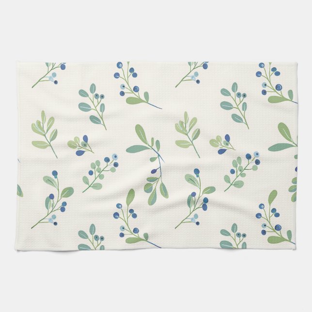 Delicate Blueberry Eucalyptus Pattern Tea Towel (Horizontal)