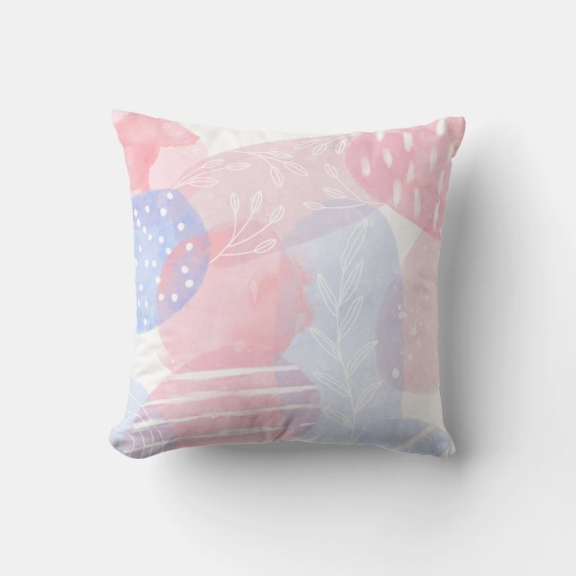 Delicate Blush and Blue Abstract Watercolor Shapes Cushion (Front)