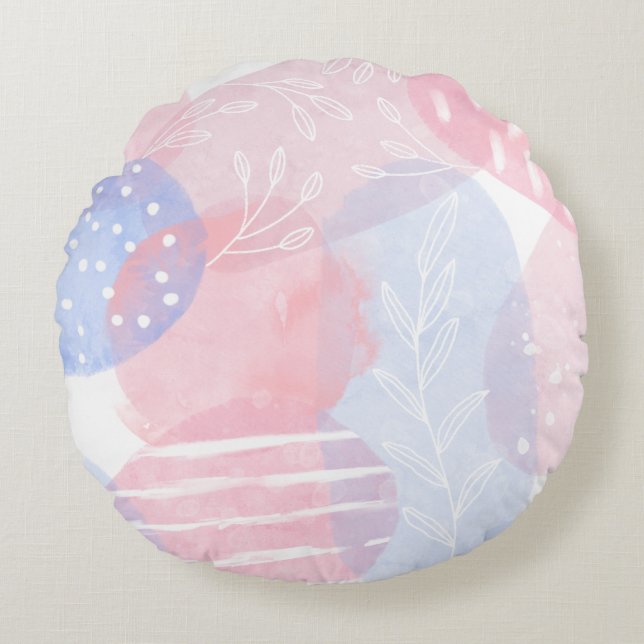 Delicate Blush and Blue Abstract Watercolor Shapes Round Cushion (Front)