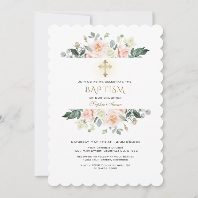Delicate Blush Cream Flowers Frame Gold Baptism Invitation (Front)