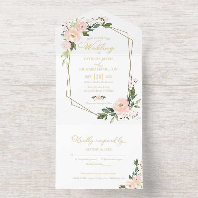 Delicate Blush  Floral Geometric Wedding  All In One Invitation (Inside)