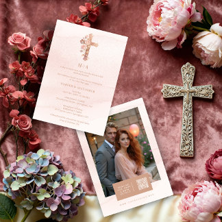 Delicate Blush Glitter Christian Cross Wedding Invitation