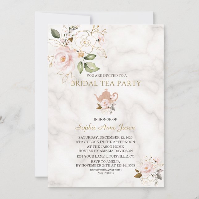 Delicate Blush Gold Floral Bridal Shower Tea Party Invitation (Front)