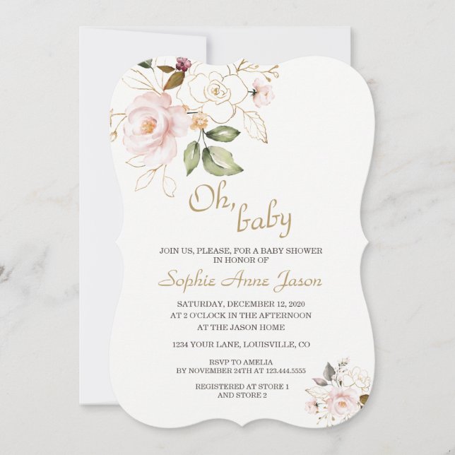 Delicate Blush Gold Floral Monogram Baby Shower Invitation (Front)