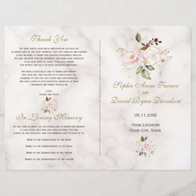 Delicate Blush Gold Flowers Marble Wedding Program (Front)