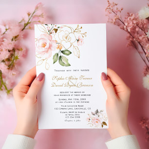 Delicate Blush Gold Flowers Monogram Wedding Invitation