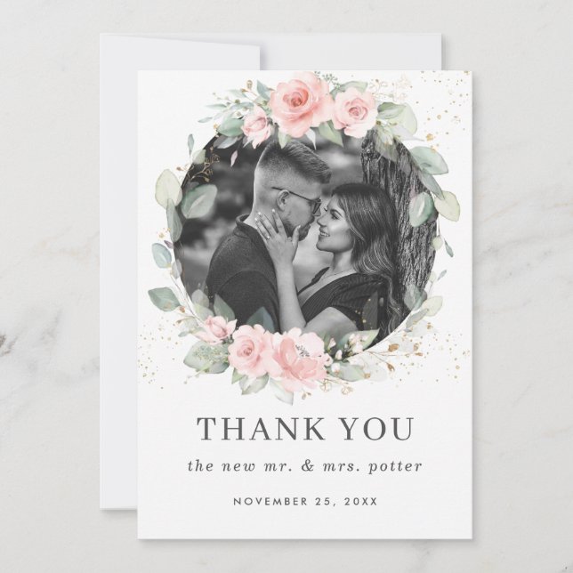 Delicate Blush Pink Floral Wreath Wedding Photo Thank You Card (Front)