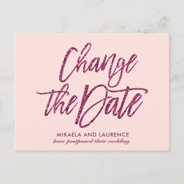 Delicate Blush Pink glitter script change the date Announcement Postcard (Front)
