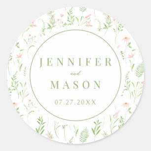 Delicate blush pink green wildflower boho wedding classic round sticker