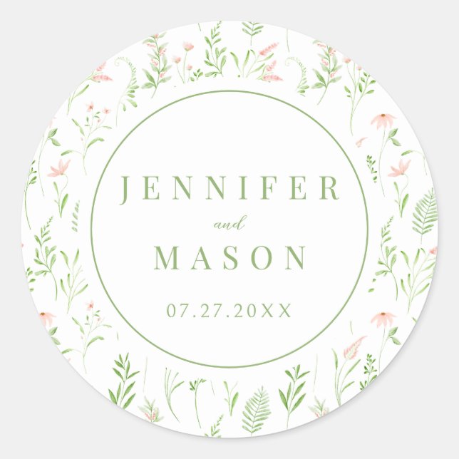 Delicate blush pink green wildflower boho wedding  classic round sticker (Front)