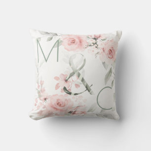 Delicate Blush Pink Rose Monogram Cushion