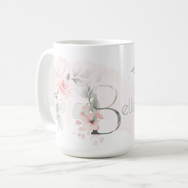 Delicate Blush Pink Rose Monogram Letter B Coffee Mug (Front Left)
