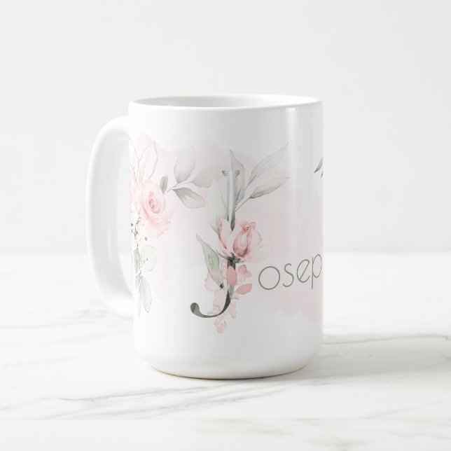 Delicate Blush Pink Rose Monogram Letter J Coffee Mug (Front Left)