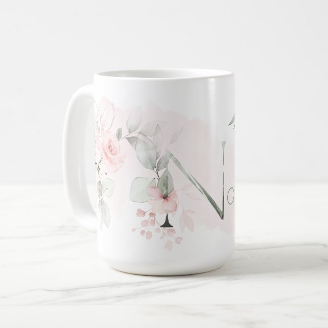 Delicate Blush Pink Rose Monogram Letter N Coffee Mug (Front Left)