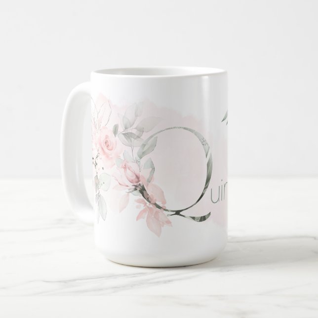 Delicate Blush Pink Rose Monogram Letter Q Coffee Mug (Front Left)