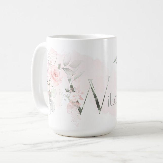 Delicate Blush Pink Rose Monogram Letter W Coffee Mug (Front Left)