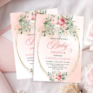 Delicate Blush Roses Gold Girl Baby Shower Invites
