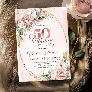 Delicate Blush Watercolor 50th Birthday Invitation
