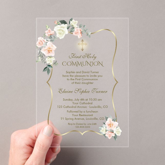 Delicate Blush White Flowers First Holy Communion Acrylic Invitations (Insitu (Handheld))