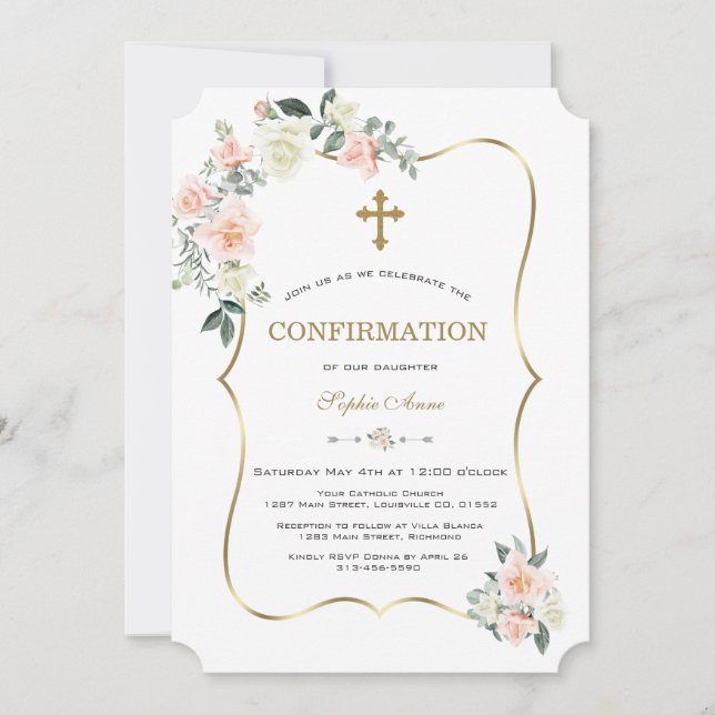 Delicate Blush White Flowers Gold Confirmation Invitation (Front)