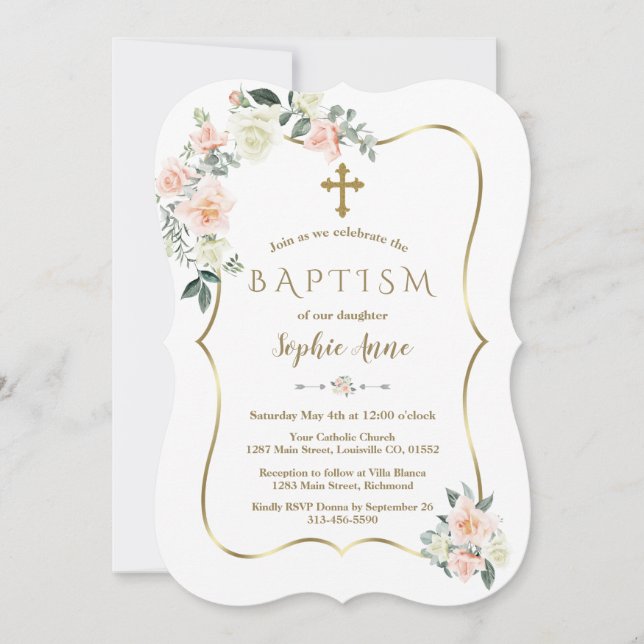 Delicate Blush White Flowers Gold Girl Baptism Invitation (Front)